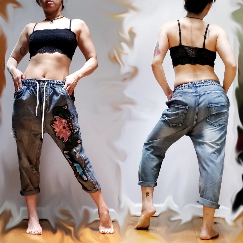 Paper Bag Denim Drawstring pants with Embroidery